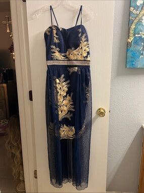 Navy Blue and Gold Embroidered Spaghetti-Strap Evening Dress